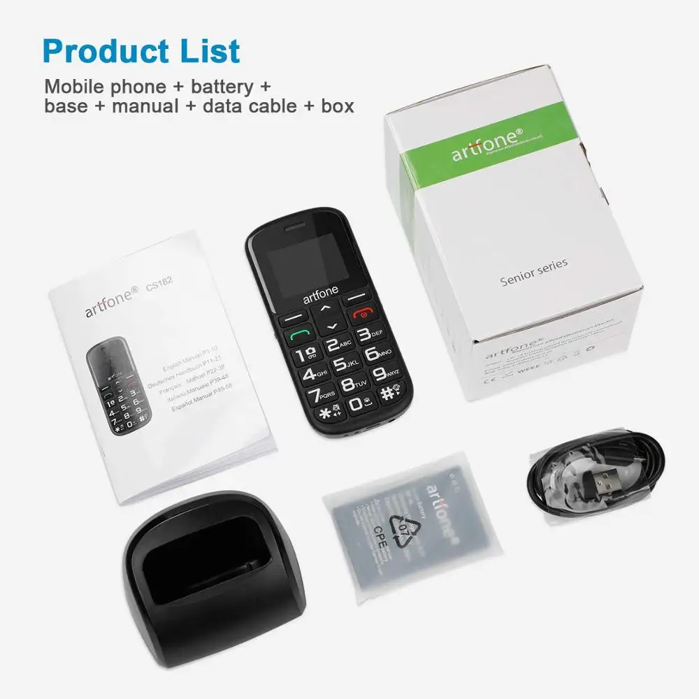 Artfone CS182 Big Button Mobile Phone, Senior Unlocked Mobile Phone with Dock and 1400mAh Battery.