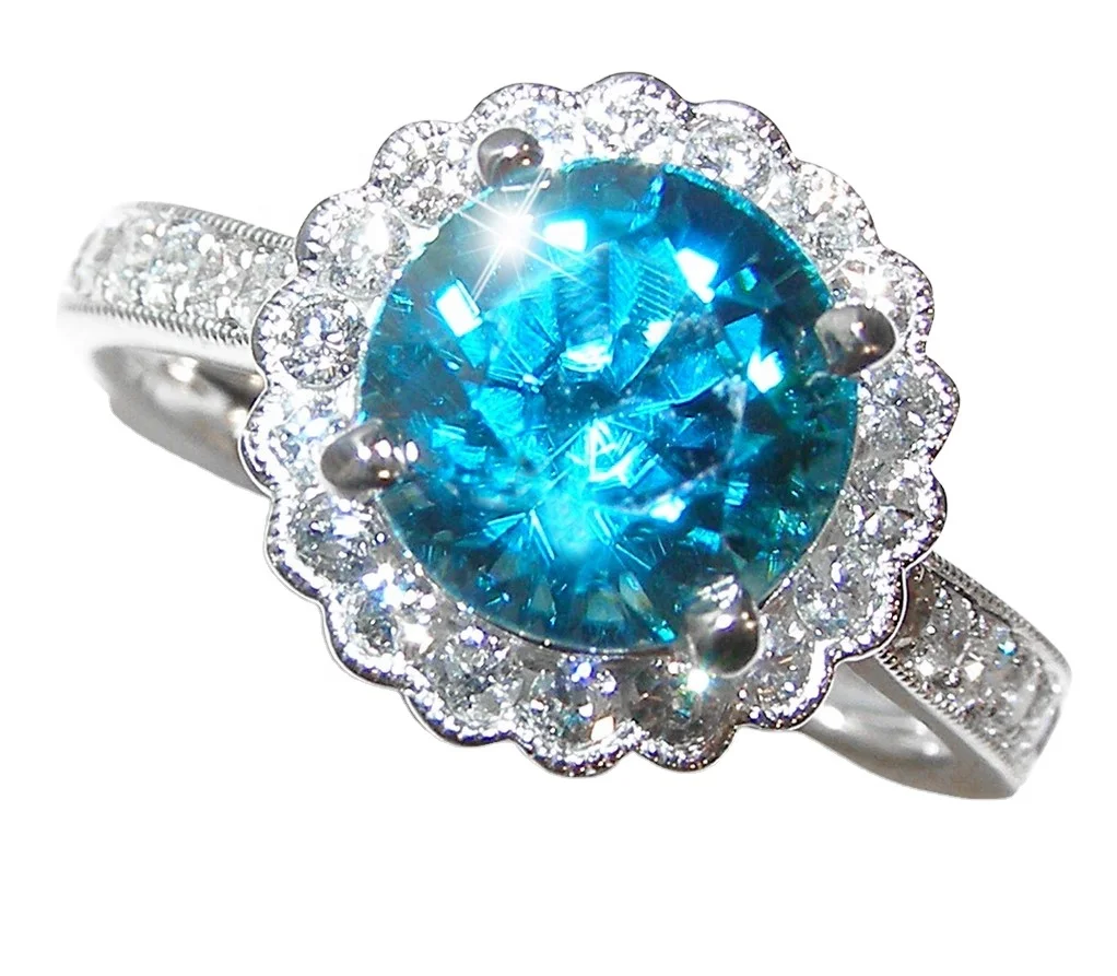 Blue topaz ring pave white cubic zircon sterling 925 and zircon 3a ring