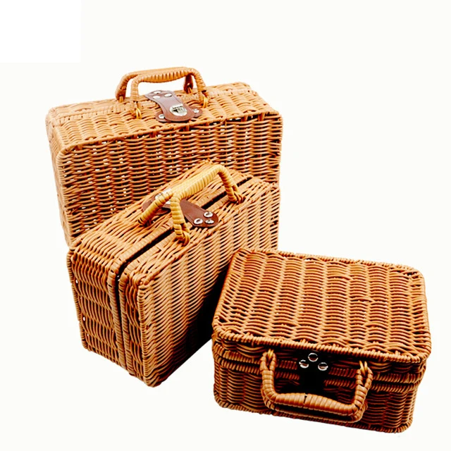 Candy Gift & Kids Toy Baskets Picnic Basket Retro handle Storage Basket Handmade iron frame Woven Rattan Box with Lid