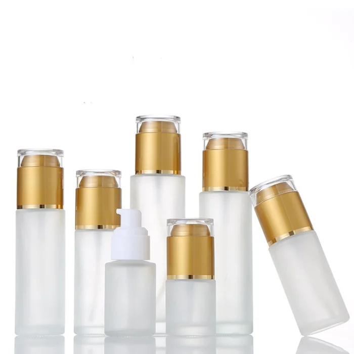 Custom cheap 50ml cosmetics empty bottle frosted glass essence lotion bottle with pump sprayer lid