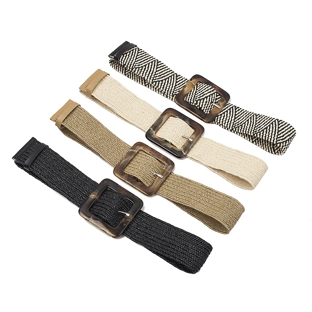Vintage Bohemian Wide Belt Summer Resin Buckle Wild Braided Belt Female Buckle Linen Weave Women Straw Waist Belt
