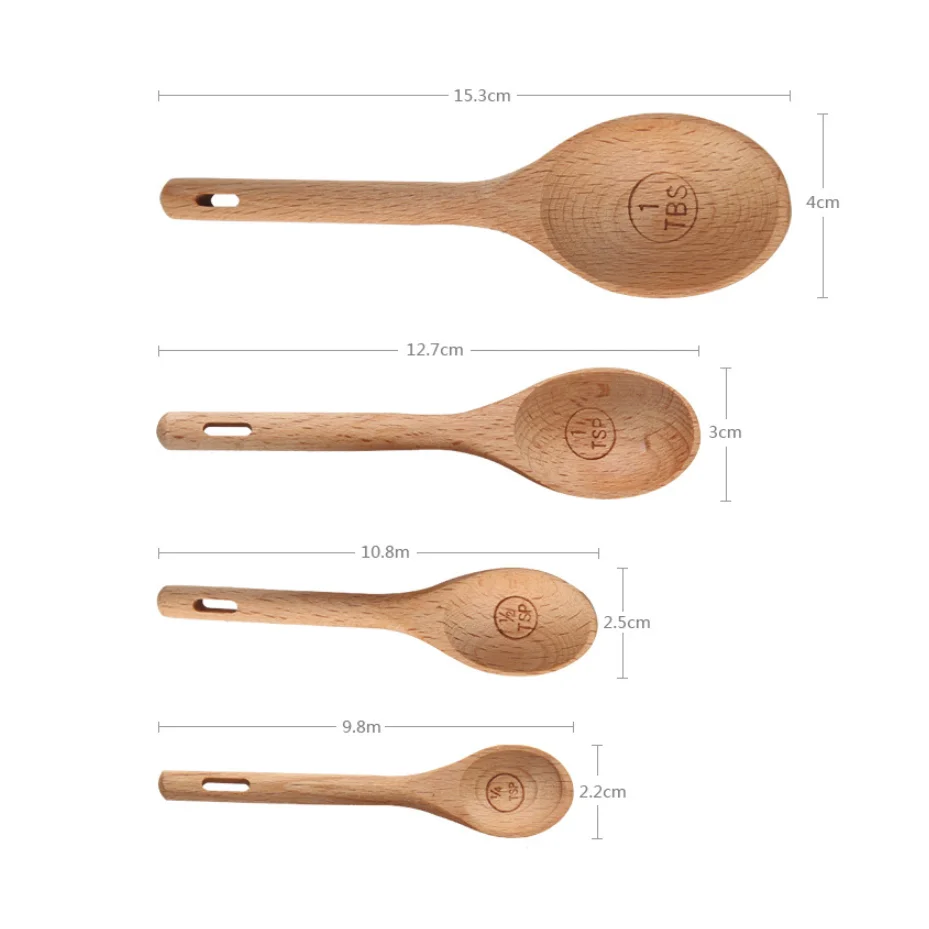 Hot Selling Natural Pack of 4 BeechWood Tablespoon Coffee Tea Spice Sugar Custom Eco Friendly Wooden Scoops Measuring Spoon Set