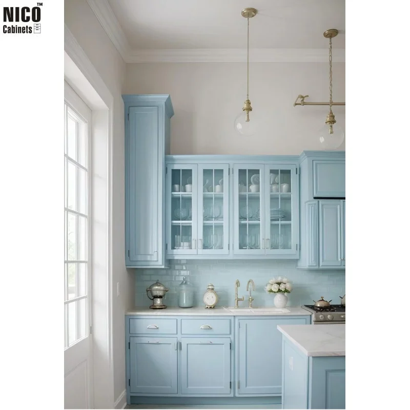 NICOCABINET Luxury Modern Maple Wood Antique Pearl Blue Portable High Glossy Door Pullout Drawer Kitchen Cabinet