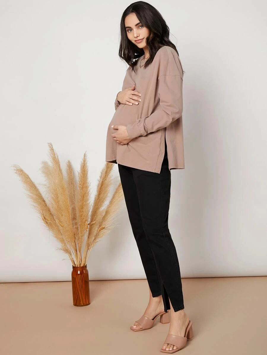 Wholesale New Fashion High Quality Maternity Drop Shoulder Slit Hem Tee maternity clothes clothing