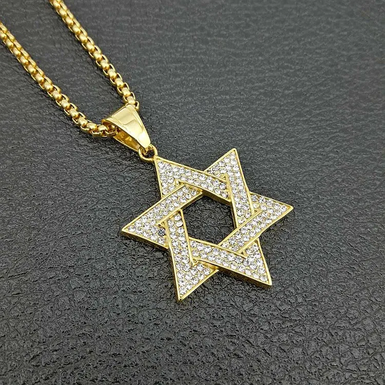 Unisex Hip Hop Gold Plated Pave Diamond Stainless Steel Star of David Pendant Necklace