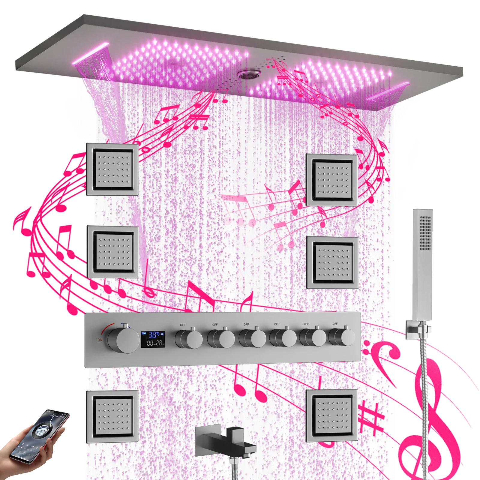 36*12inch LED Music Shower Head Smart Modern Bathroom Hot and Cold Digital Display Shower System Set With Bath & Shower Faucets