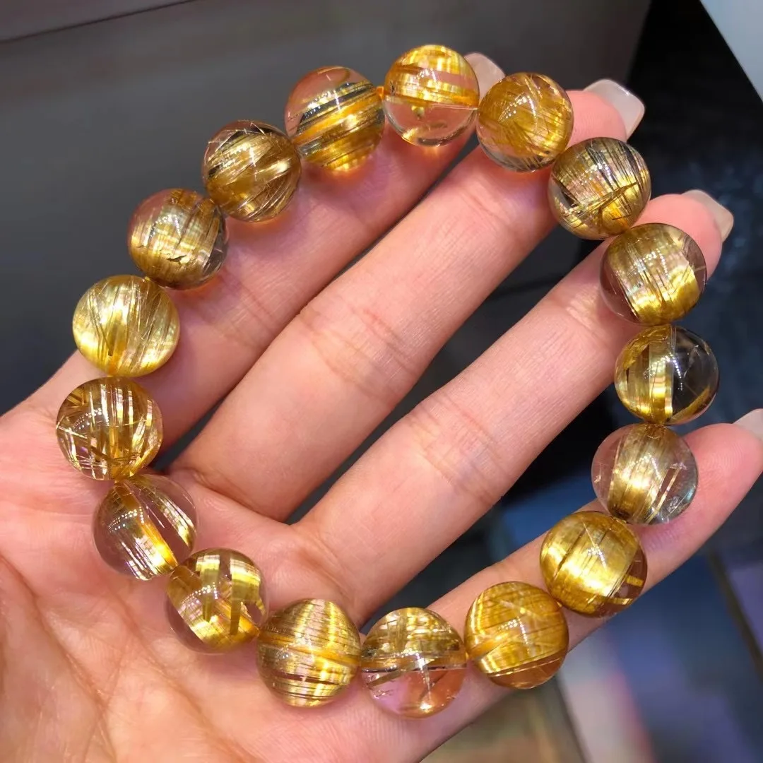 High Quality 8mm10mm12mm Gold Rutilated Quartz Round Stone Beads Crystal Charm Elastic Bracelet Fashion Jewelry for Men Women