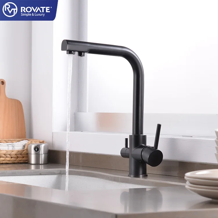 ROVATE purifier kitchen tap brass 3 way kitchen faucet matt black double handle faucet modern kitchen sink mixer
