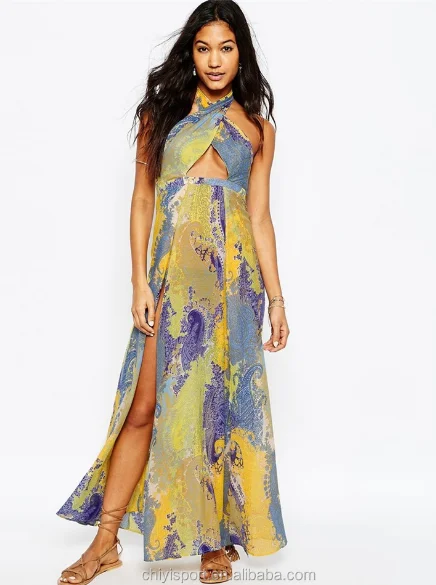 OEM sublimation print women Beach dress cross neck long maxi dress Chiffon dress printed girl skirt