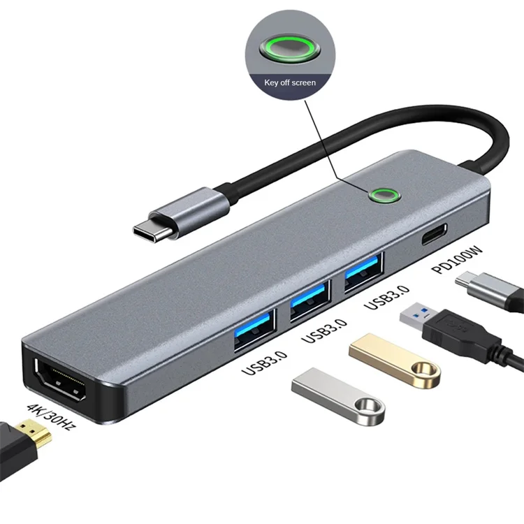 5 in 1 USB C Hub 3 USB 3.0 Ports 4K/30Hz HDTV Port Type C Splitter Adapter PD 100W for USB C Laptop