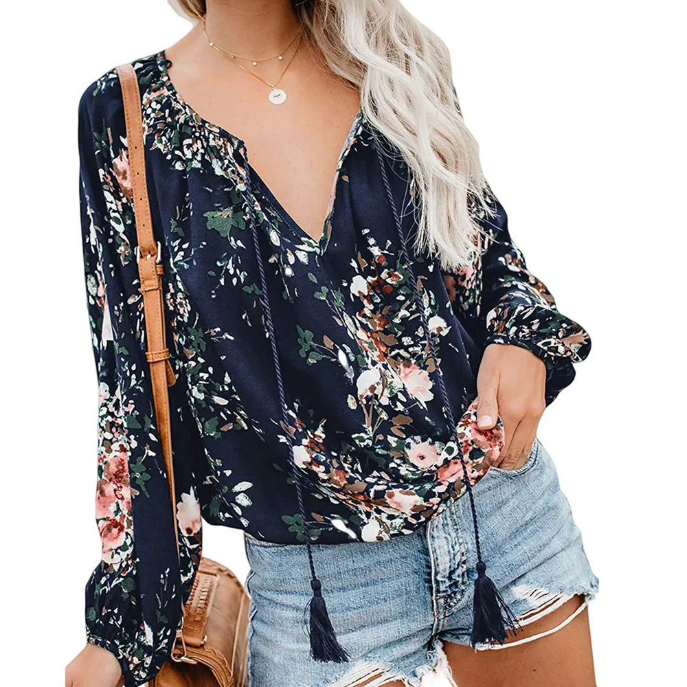
Women Blouses Casual Loose Floral Print V Neck Long Sleeve Shirts Blouses Lady Tops 