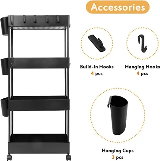 4-Tier Slim Rolling Utility Cart Storage Shelves Trolley Storage Organizer Shelving Rack  Mesh Baskets Wheel Casters