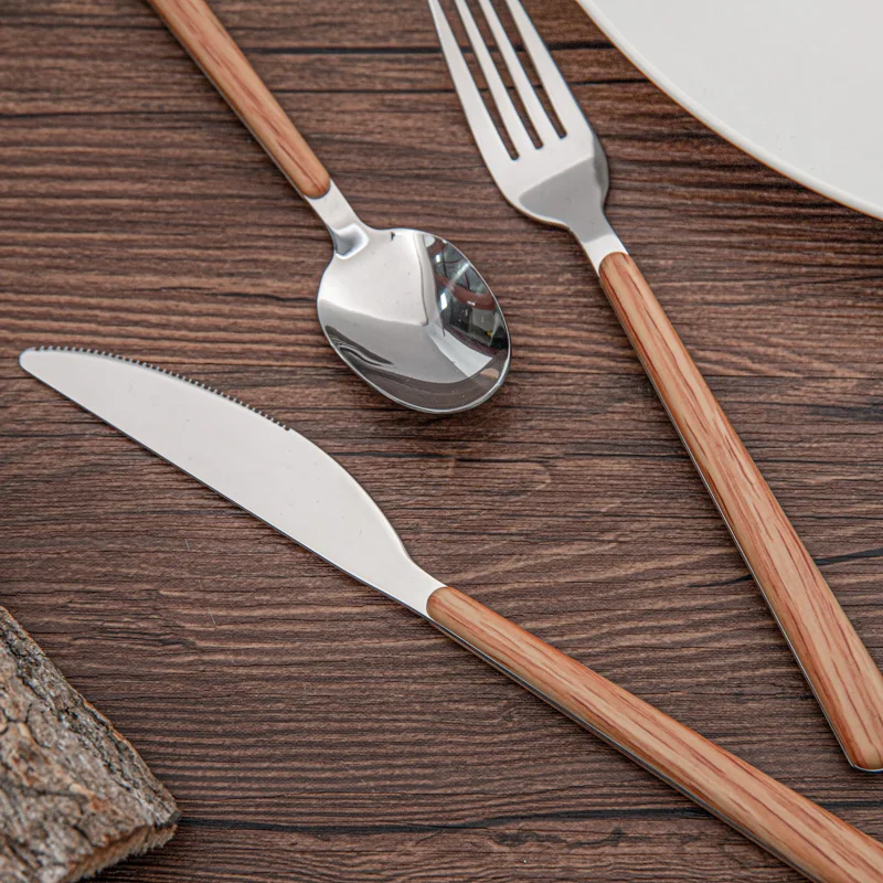 Wooden color plastic handle fork spoon knife dinner stainless steel flatware set for restaurant party hotel