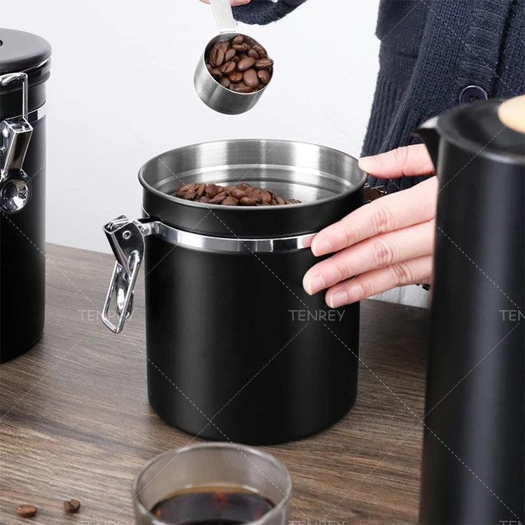 Tenrey 500g 750g Coffee Canister 304 Stainless Steel Kitchen Food Sugar Tea Coffee Airtight Storage Container  with Date Tracker