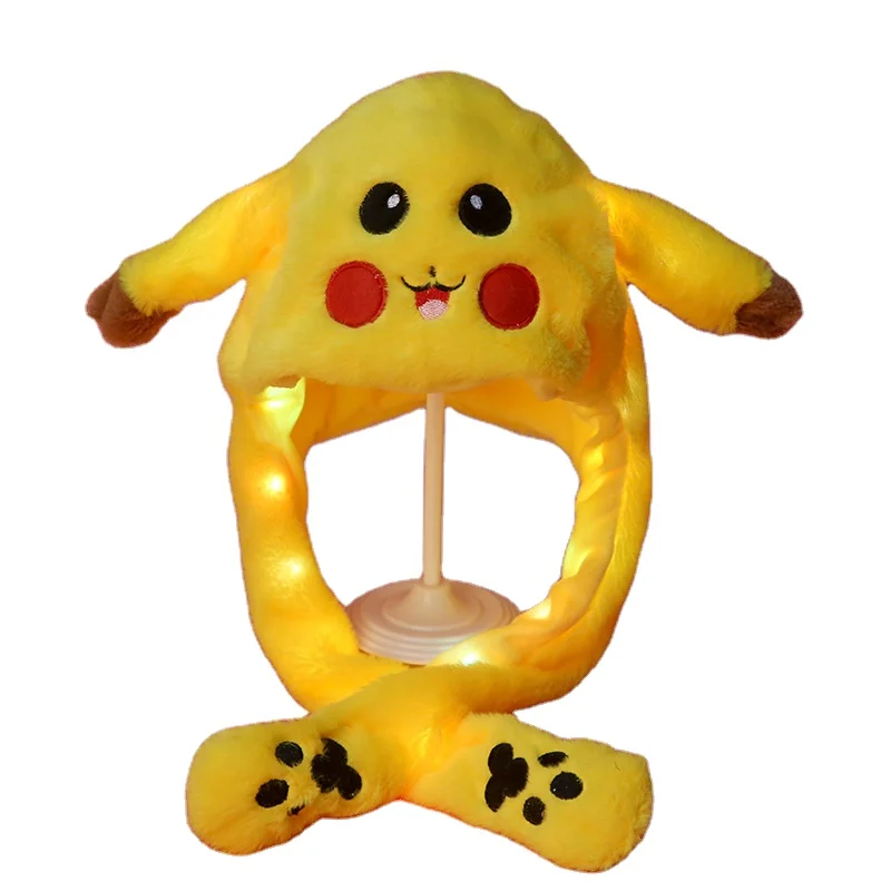 Pikachu Bunny hat cartoon stuffed animal toy Ear Move Glowing rabbit cap Led Light Jumping Funny Cosplay Party Holiday