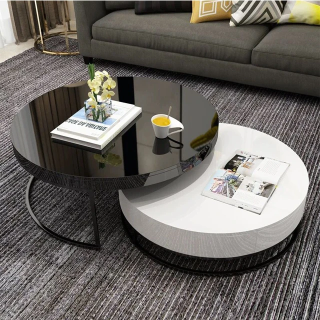 Creative round toughened glass tabletop with coffee table with large storage space, high and low combination coffee table