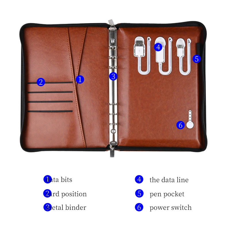 Custom logo zipper porfolio universal A4 file folder Wireless Charging Leather Designer Padfolio With Power