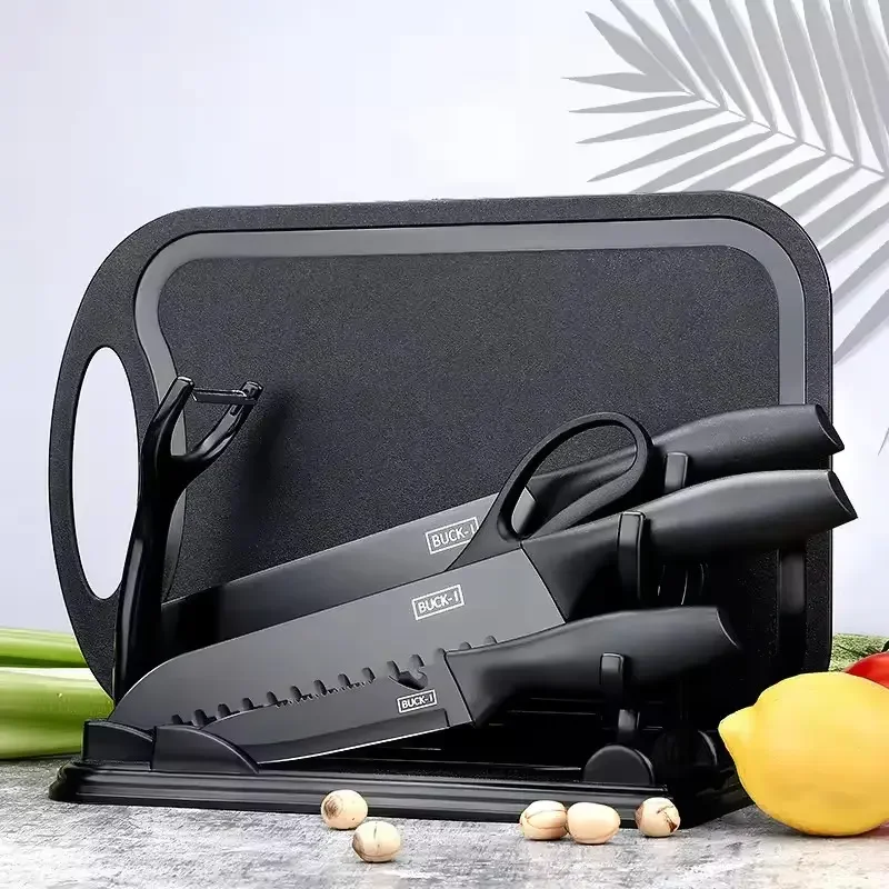 7 Pieces Black Kitchen Knife Set with Cutting Board and Knife Block Professional Kitchen Chef Knives Set for Cooking