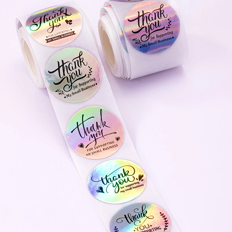 Custom Thank You Label Tags Sticker Brand Roll Envelope Seals Waterproof Vinyl Round Packaging Labels Rainbow Sticker Business