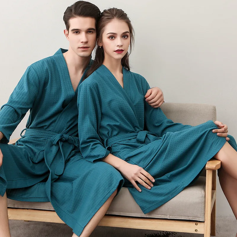 summer unisex adult bathrobe men v-neck soft quick dry spa bathrobe solid gown women waffle robes