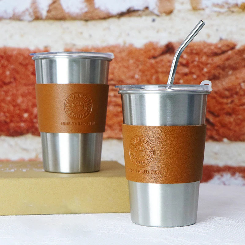 Wholesale printed logo single layer leather cover industrial style outdoor camping stainless steel coffee cup