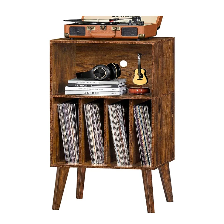 Brown Turntable Stand Holds Mid-Century Vinyl Storage Cabinet Table with Solid Wood Legs