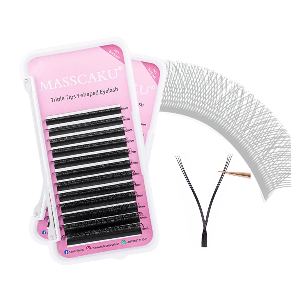 MASSCAKU YY Shape Tiple Tips Black Brown Matte Eyelashes Extensions Professional Korea Pbt Fiber Yy Eyelash Extension