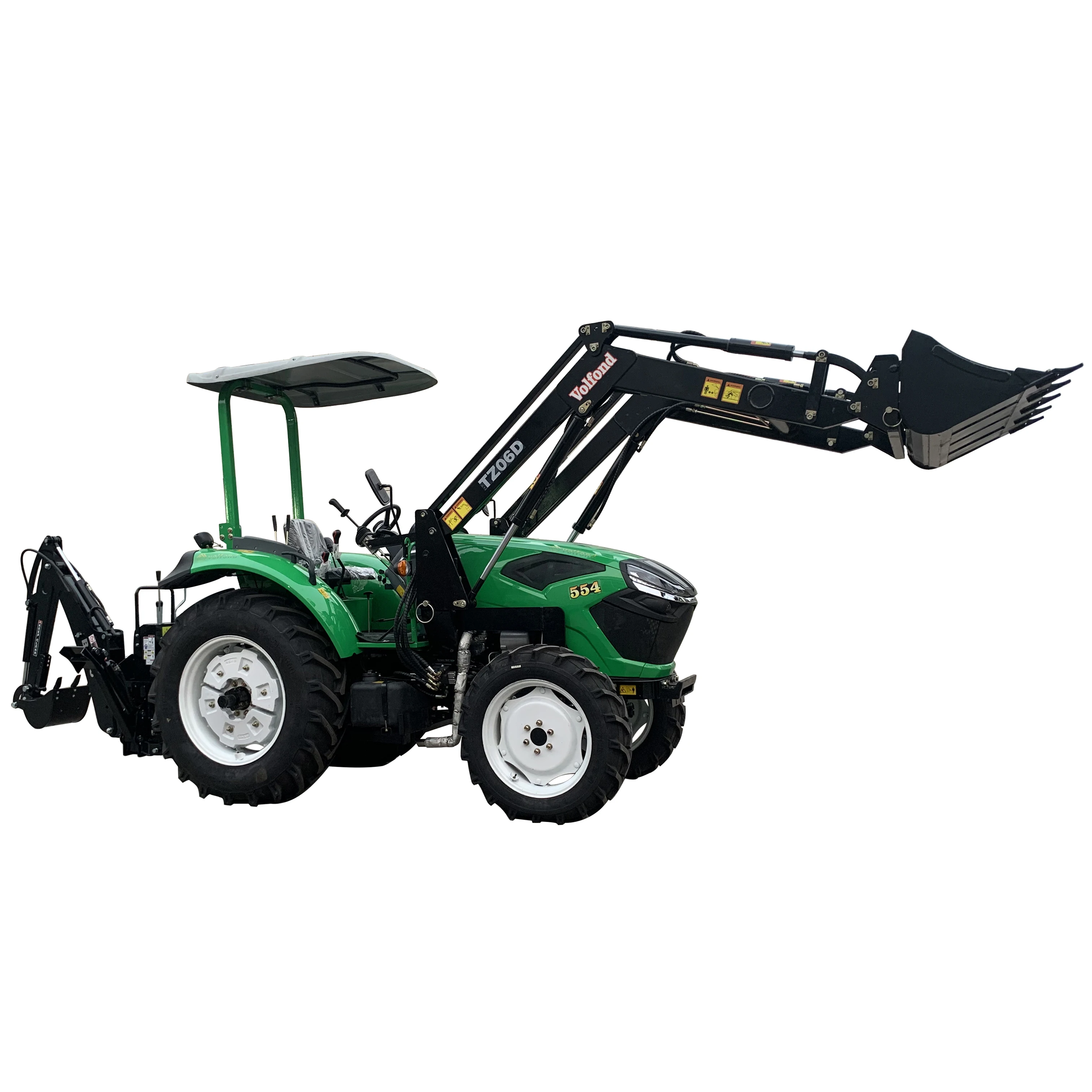 Sun-shade Emark Certification Agricultural Multifunctional Compact 55hp Wheel Tractor With Front End Loader and Backhoe For Sale