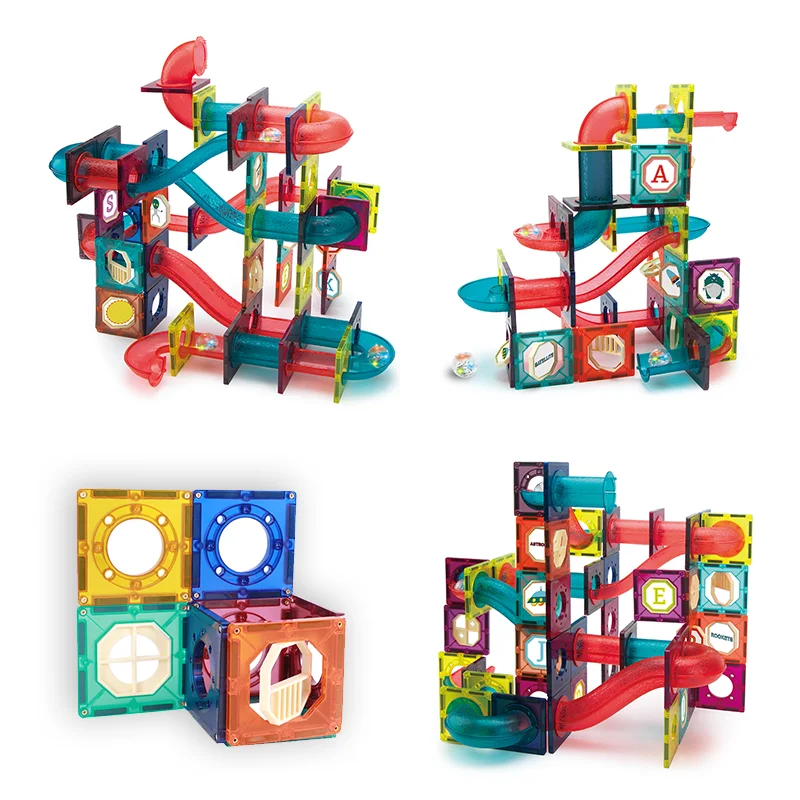 DIY Balls Building Running Roller Coaster Magnetic Maze Race Set Marble Run Tiles