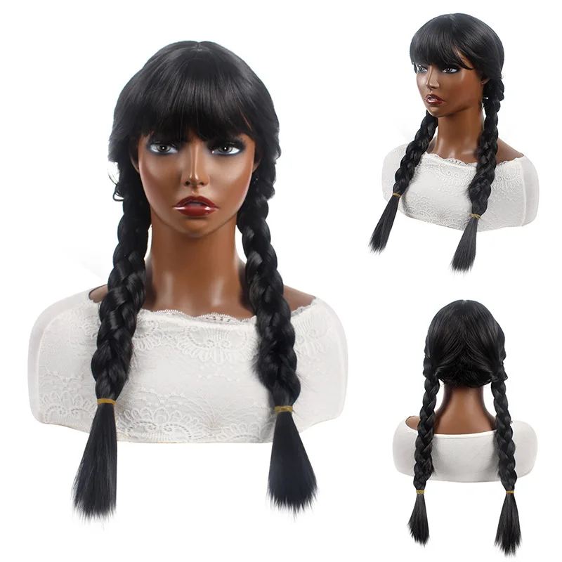 Wednesday Cosplay Costume Long Black Pigtails Girls Wigs with Bangs Synthetic Hair Anime Halloween Costume Wigs