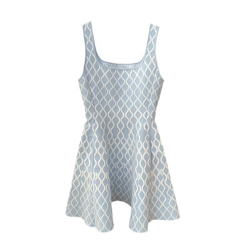 2024 High Quality Autumn New Women Blue French Fashion U-shaped Hemline Sleeveless Knit Dress