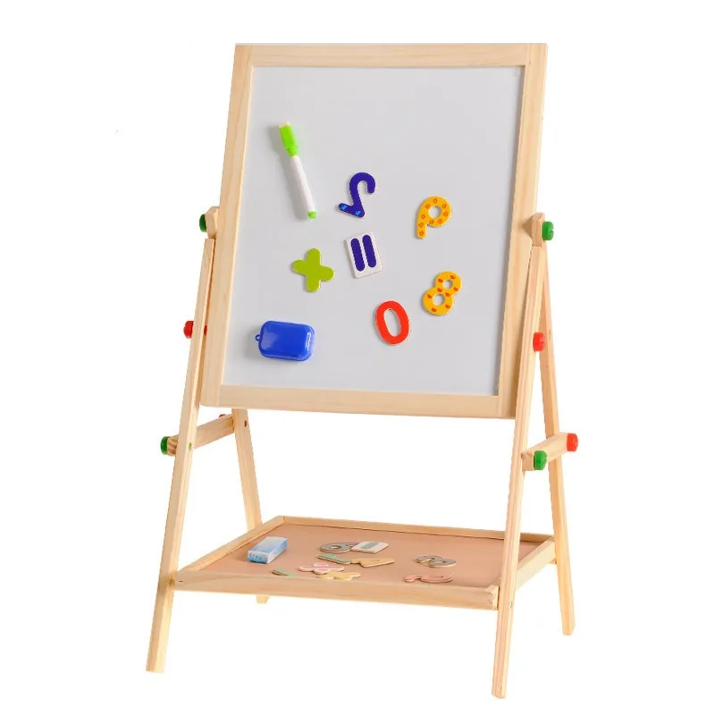 Hot selling Kids DIY drawing learning toy wooden easel adjustable double sides magnetic standing painting board black board