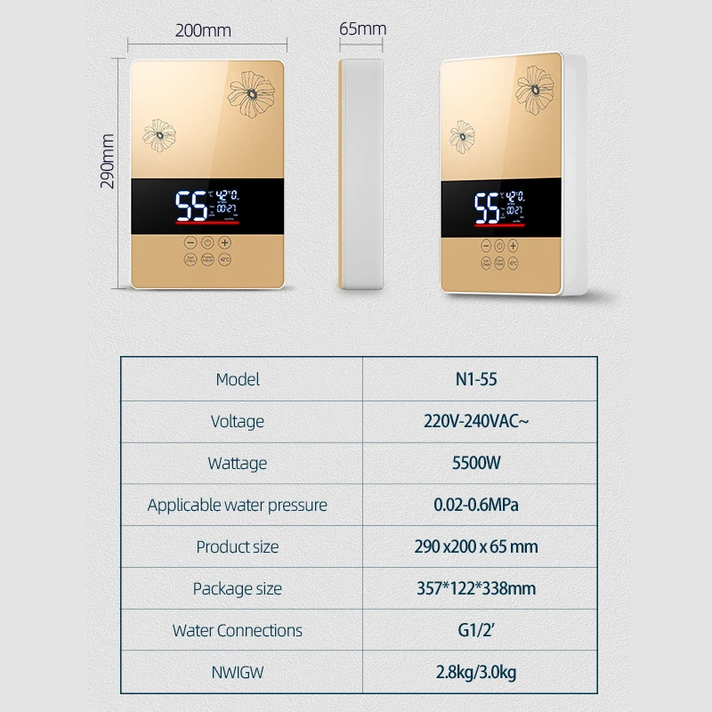 LED Screen Ecosmart CE EMC CB OEM 5.5kw 220V Instant Bathroom Kitchen Shower with Electric Tankless Water Heater App