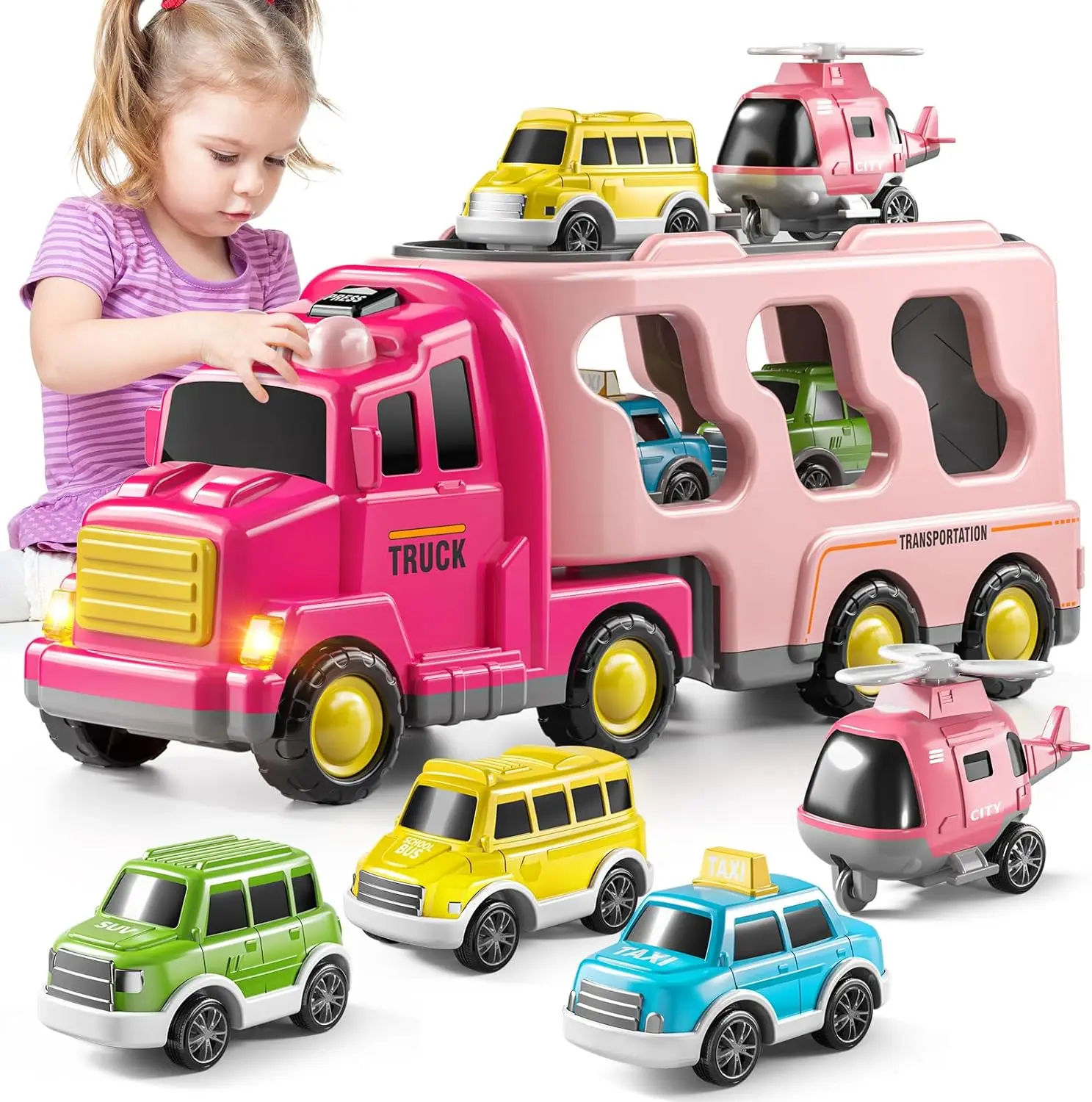 TEMI Truck Toys for 7 8 9 10 Year Old Girls, 5-in-1 Friction Power Vehicle Car Toy for Toddlers 3-6,  Christmas Birthday Gifts