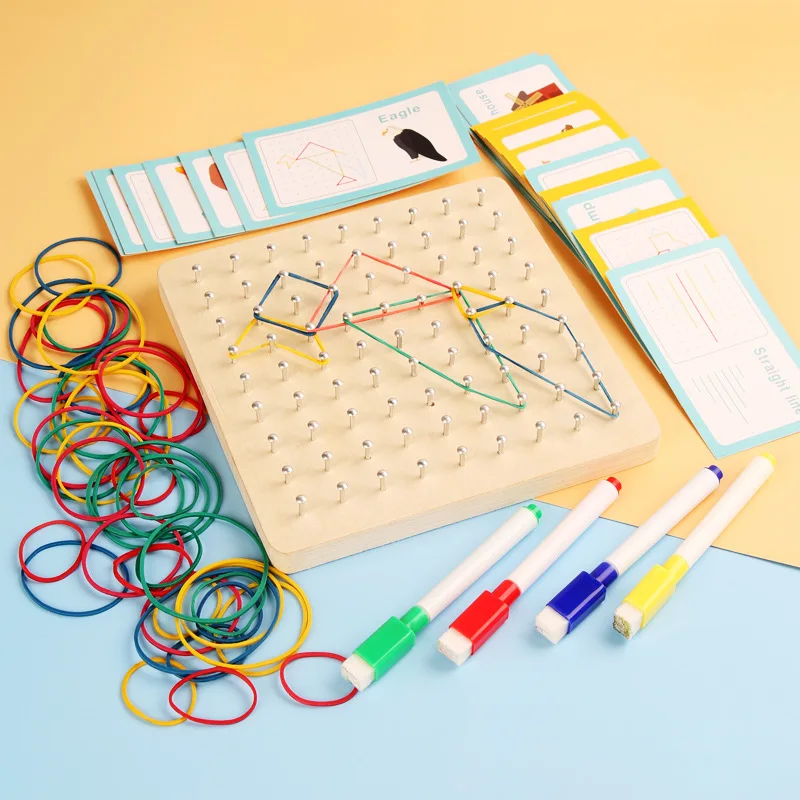 Wooden Geoboard Nail Board Toys Math Chart Toy With Cards