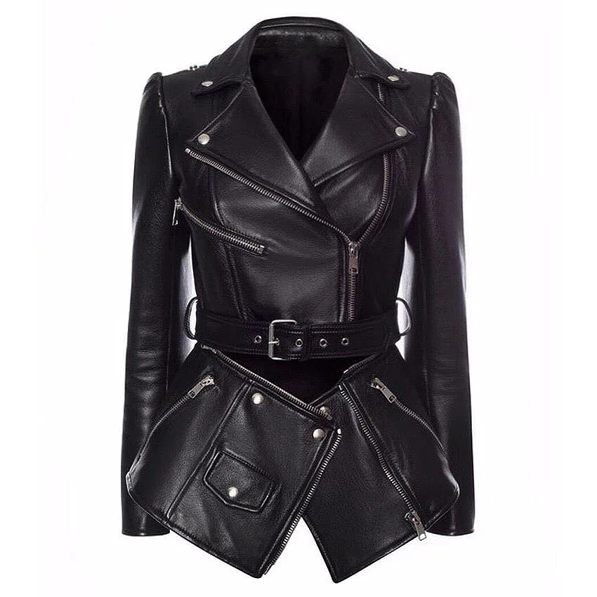 Fashion stylish winter clothes zipper black leather jackets for women