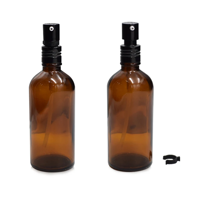 100 мл пустые маленькие янтарные пластиковые бутылки с черными тонкими опрыскивателями тумана