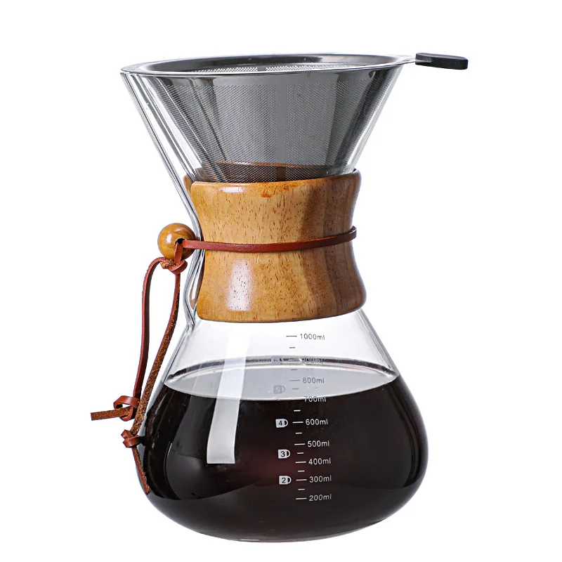 400ml 600ml 800ml Modern Wooden Collar Clear Borosilicate Glass Coffee Carafe Pour Over Coffee Maker with Stainless Steel Filter