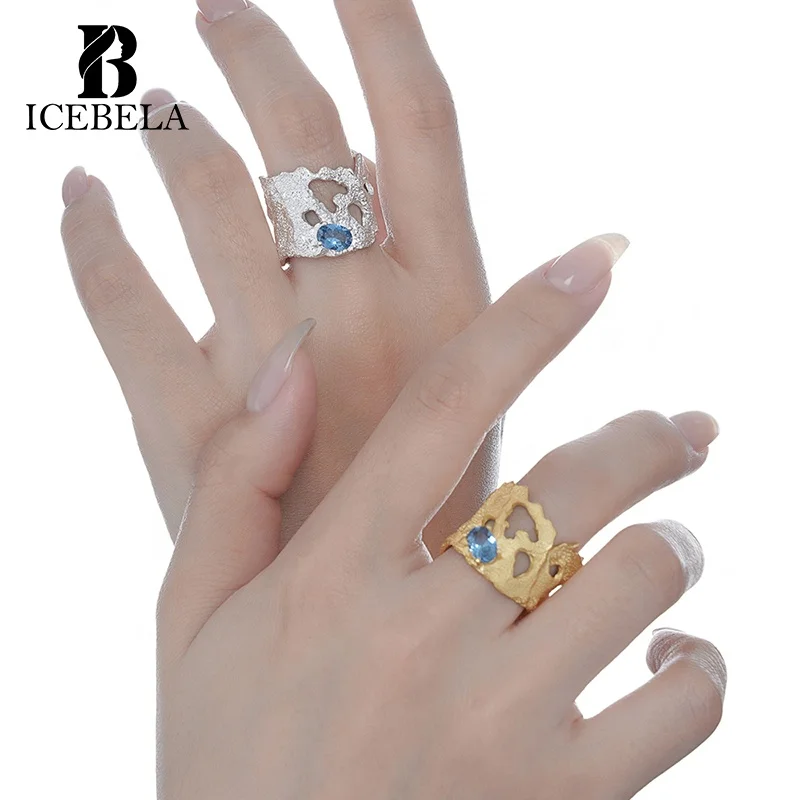 Cold Style Luxury Fashion Jewelry Noble Sapphire Ring Gold Plated Irregular Geometric Hollow Out S925 Silver Ring For Women