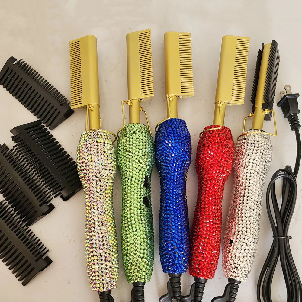Diamond Inlaid Copper Electric Hair Straightener Combs Wet And Dry Heat Pressing Comb Bling Rhinestone Handheld Hot Comb