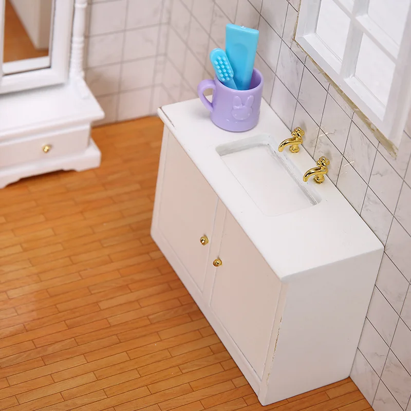 White 1:12 Scale Dollhouse Kitchen Sink Miniature Wood Dolls House Miniature Accessories Cabinet Furniture