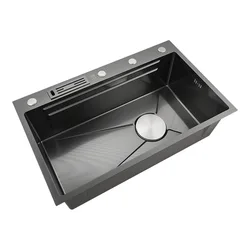luxury modern draining single bowl 304 stainless steel multifunction kitchen sink black waterfall faucet kitchen sinks