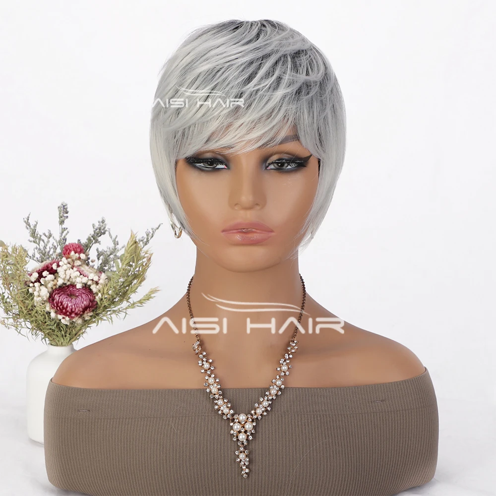 Ombre Grey Pixie Short Haircut Synthetic Wigs with Bangs Glueless Layered Wavy Pixie Cut Wig for Women