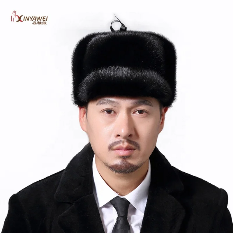 Custom Fashion Furry Black Real Fur Hats Caps Men Winter Genuine Mink Fur Hat