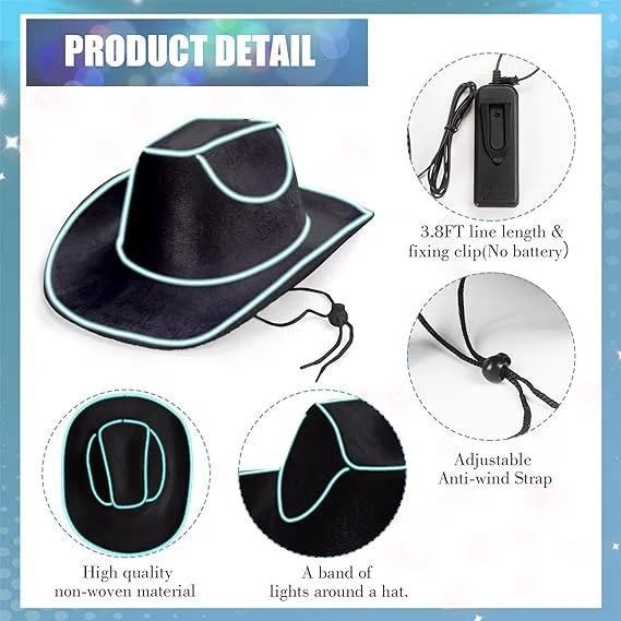 Light Up Flashing EL Wire Sequin Cowboy Hats Glowing LED Fashion Hat Illuminated for Nightlife Rave-Ready Unisex Urban Style