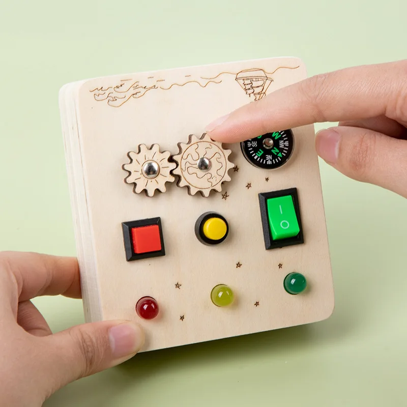 Best Selling Unisex Montessori Toy Three Wooden LED Light Switch Buttons Busy Board Control Circuit Panel for Children