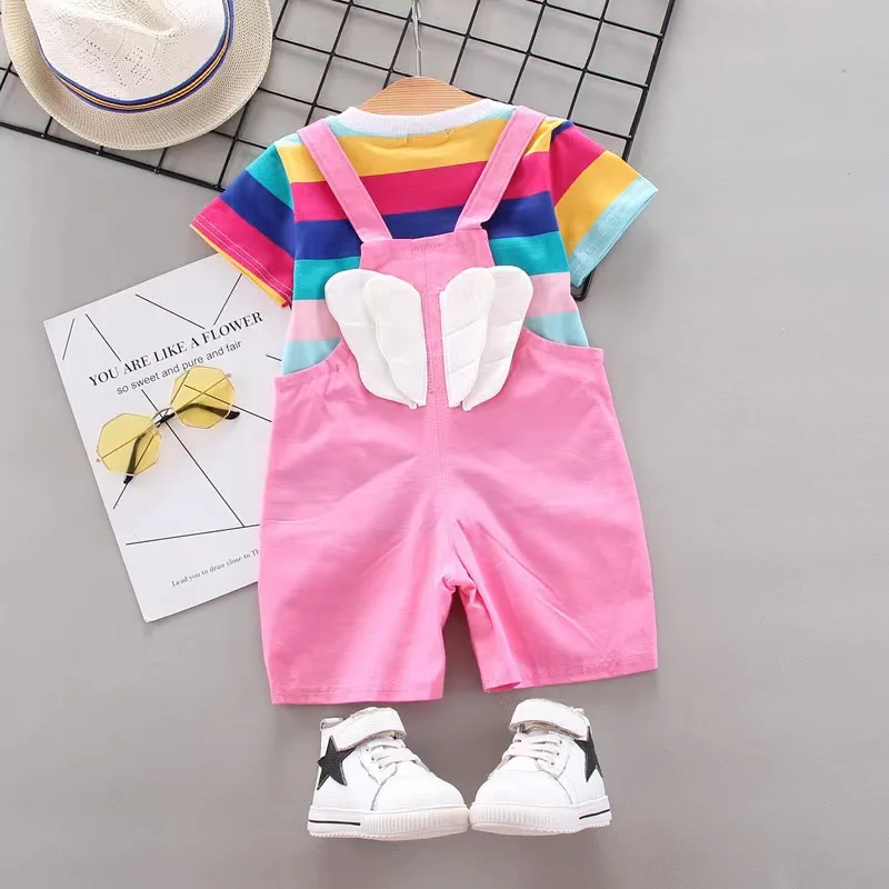 Summer Fashion Baby Boys Girls Clothes Suit New Children Girl Stripe Top With Suspender Shorts 2pcs Sports Kids Tracksuits