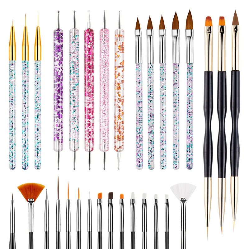 Nail Art Brush Design Tip Painting Drawing Carving Dotting Pen FlatFan Liner Acrylic Gel UV Polish Tool Manicure