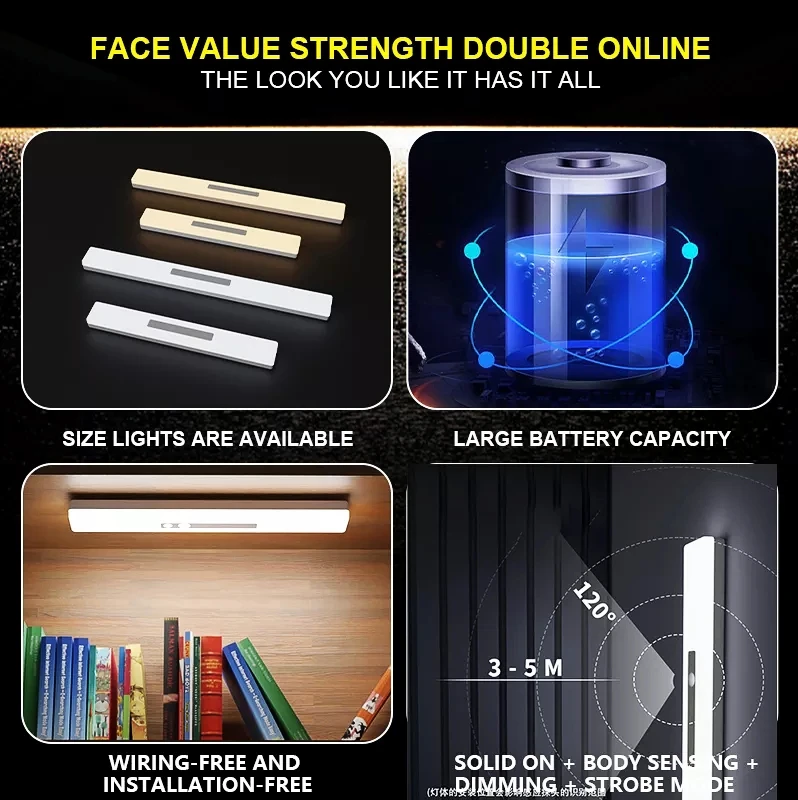 2022 New design 21cm/30cm motion sensor led under cabinet light wireless led closet light with ultra-long life battery 2600mah