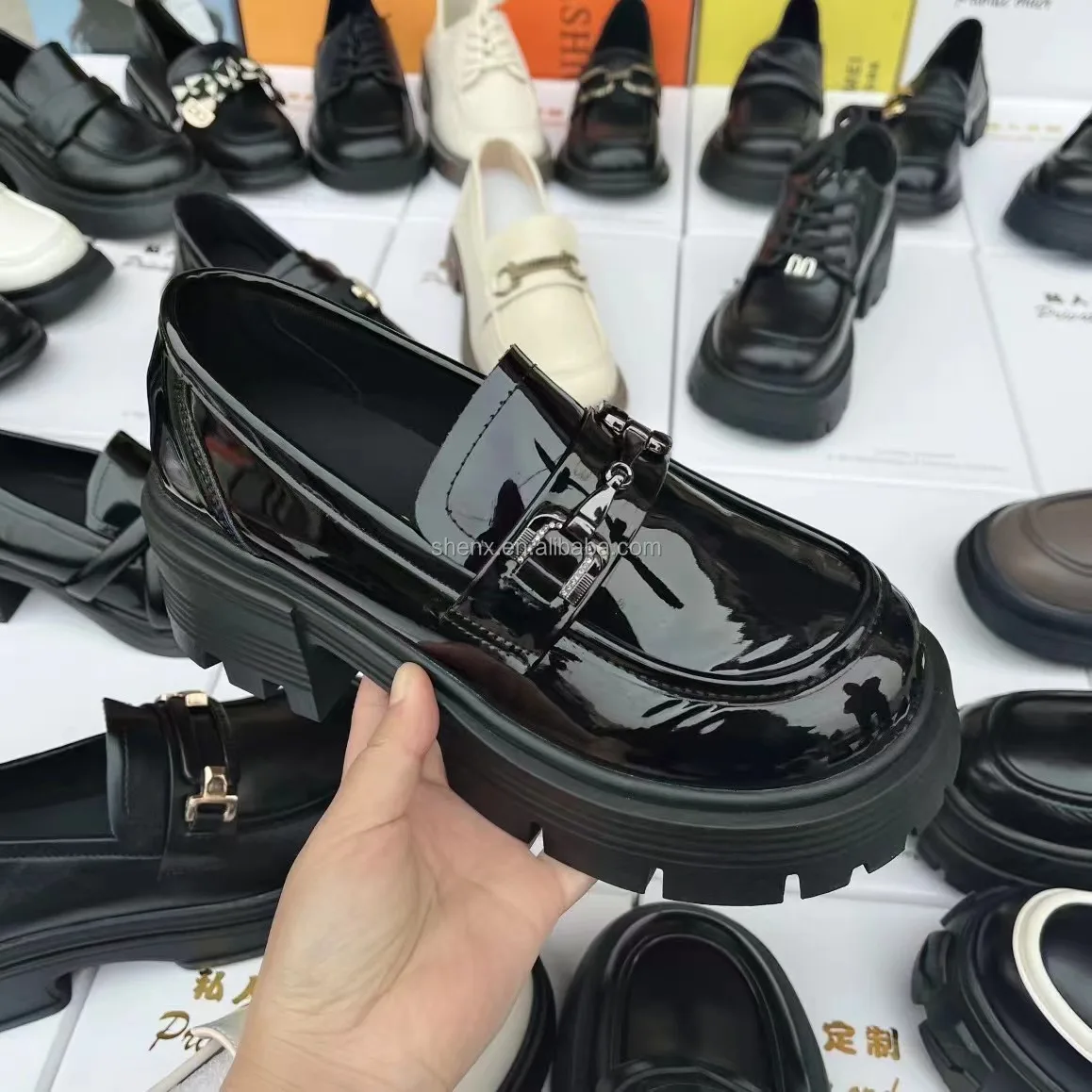 Patent Leather Thick Sole Chunky Walking Formal Slip On Black Color Leather Dress Shoes For Women